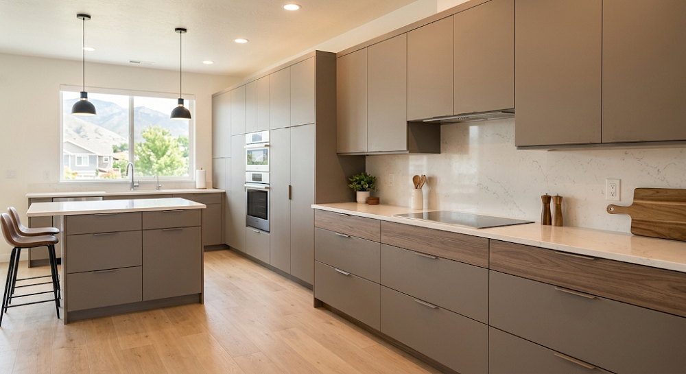 A sleek, modern Salt Lake City kitchen featuring frameless, flat-panel slab kitchen cabinet door styles in a contemporary taupe color. This handleless design with minimalist aesthetics creates a clean, streamlined look typical of modern home design mentioned in the AWA Kitchen Cabinets blog.