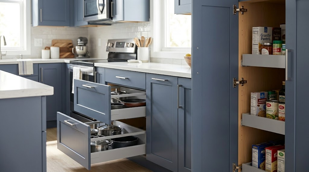 An open pull-out drawer and pantry unit showcase modern, frameless kitchen cabinetry in a small kitchen, highlighting full-access, space-maximizing storage with no front face frames. The matte slate-blue cabinets feature flush overlays and sleek hardware, illustrating streamlined functionality that fits tightly in a compact space.